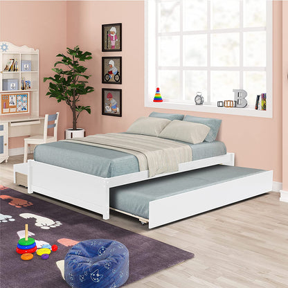 Full Bed Frames, Full Bed with Trundle, Platform Bed with Drawers, Wood Full Bed Frame with Slats Support (White, Full Bed with Trundle+Drawers)