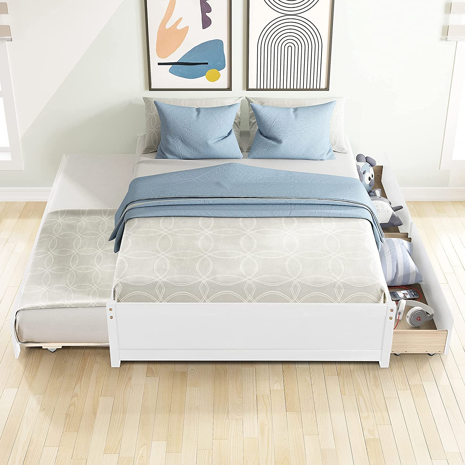 Full Bed Frames, Full Bed with Trundle, Platform Bed with Drawers, Wood Full Bed Frame with Slats Support (White, Full Bed with Trundle+Drawers)