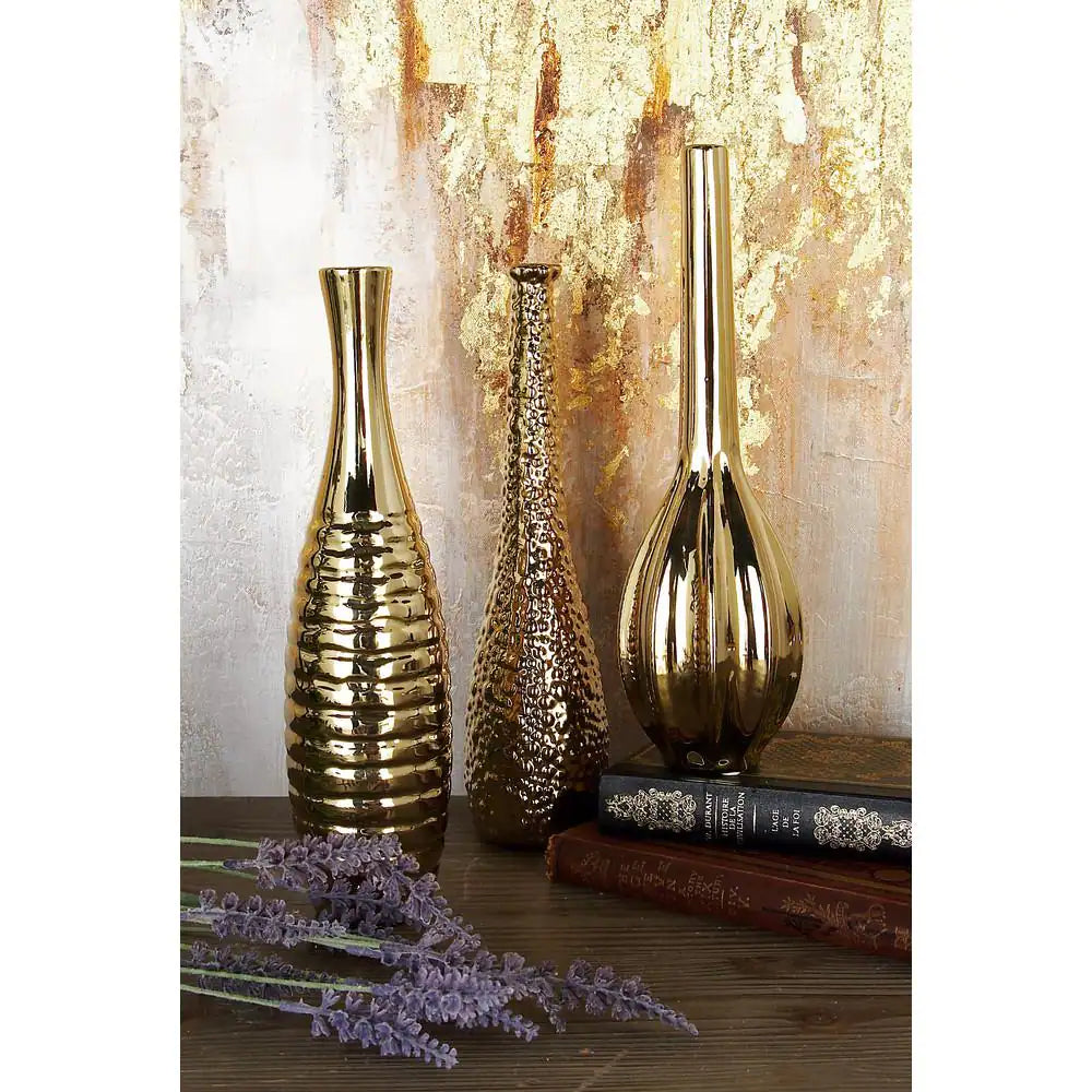 Gold Slim Textured Bottleneck Ceramic Decorative Vase with Varying Patterns (Set of 3)