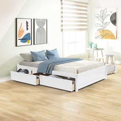 Full Bed Frames, Full Bed with Trundle, Platform Bed with Drawers, Wood Full Bed Frame with Slats Support (White, Full Bed with Trundle+Drawers)