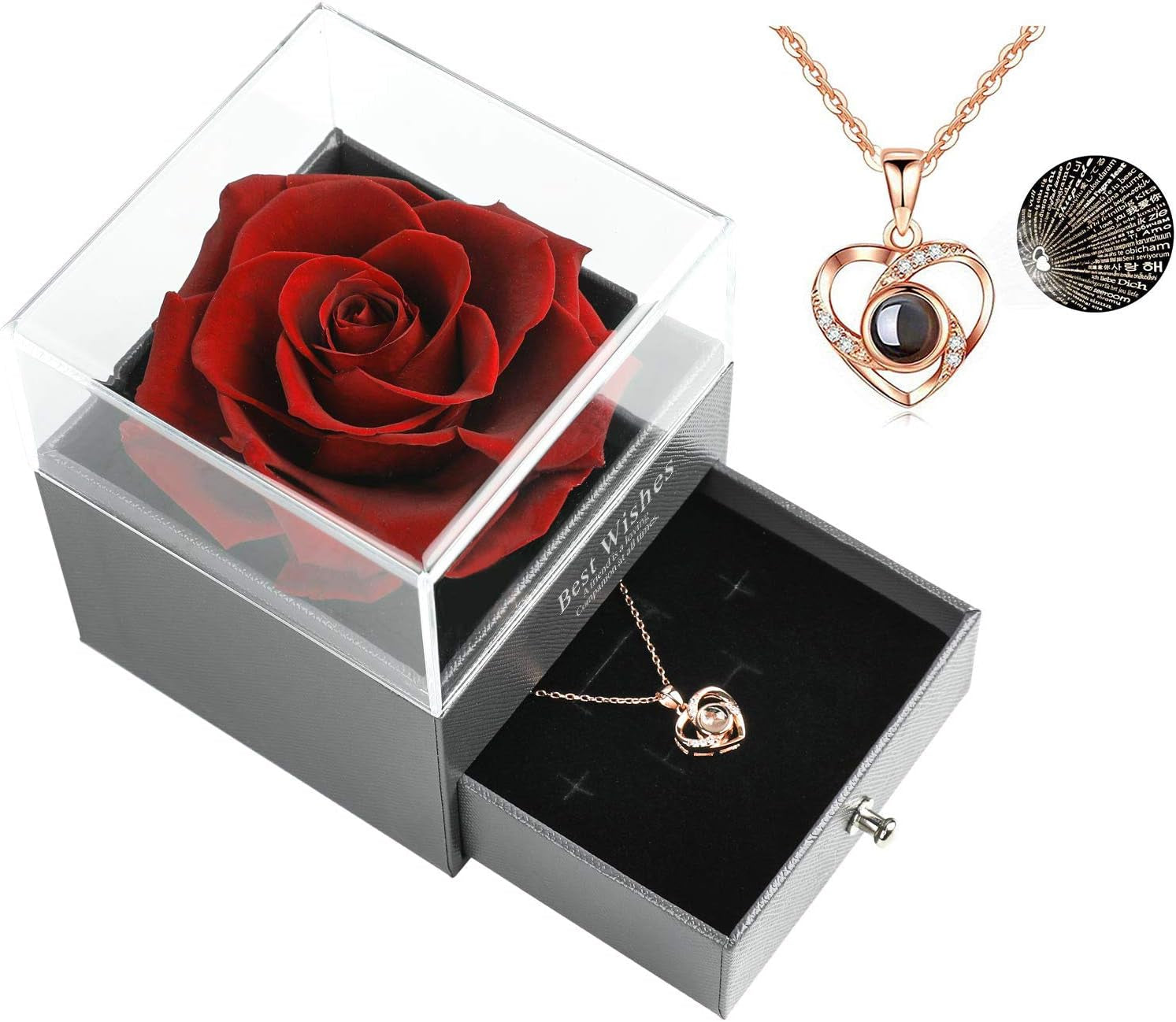 Preserved Real Rose Drawer with Heart Necklace I Love You in 100 Languages Gift Set, Handmade Enchanted Real Rose Flower for Valentines Day Anniversary Birthday Romantic Gifts for Her (Wine)