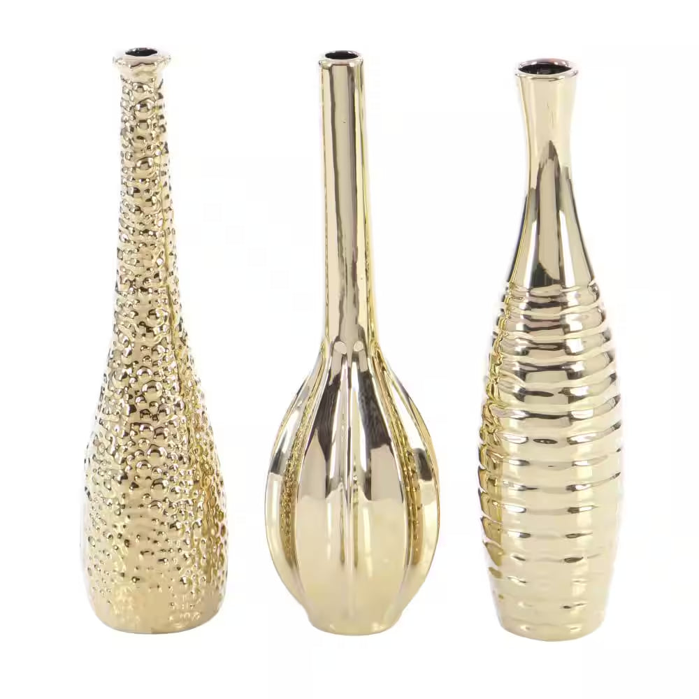 Gold Slim Textured Bottleneck Ceramic Decorative Vase with Varying Patterns (Set of 3)