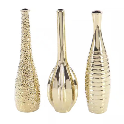 Gold Slim Textured Bottleneck Ceramic Decorative Vase with Varying Patterns (Set of 3)