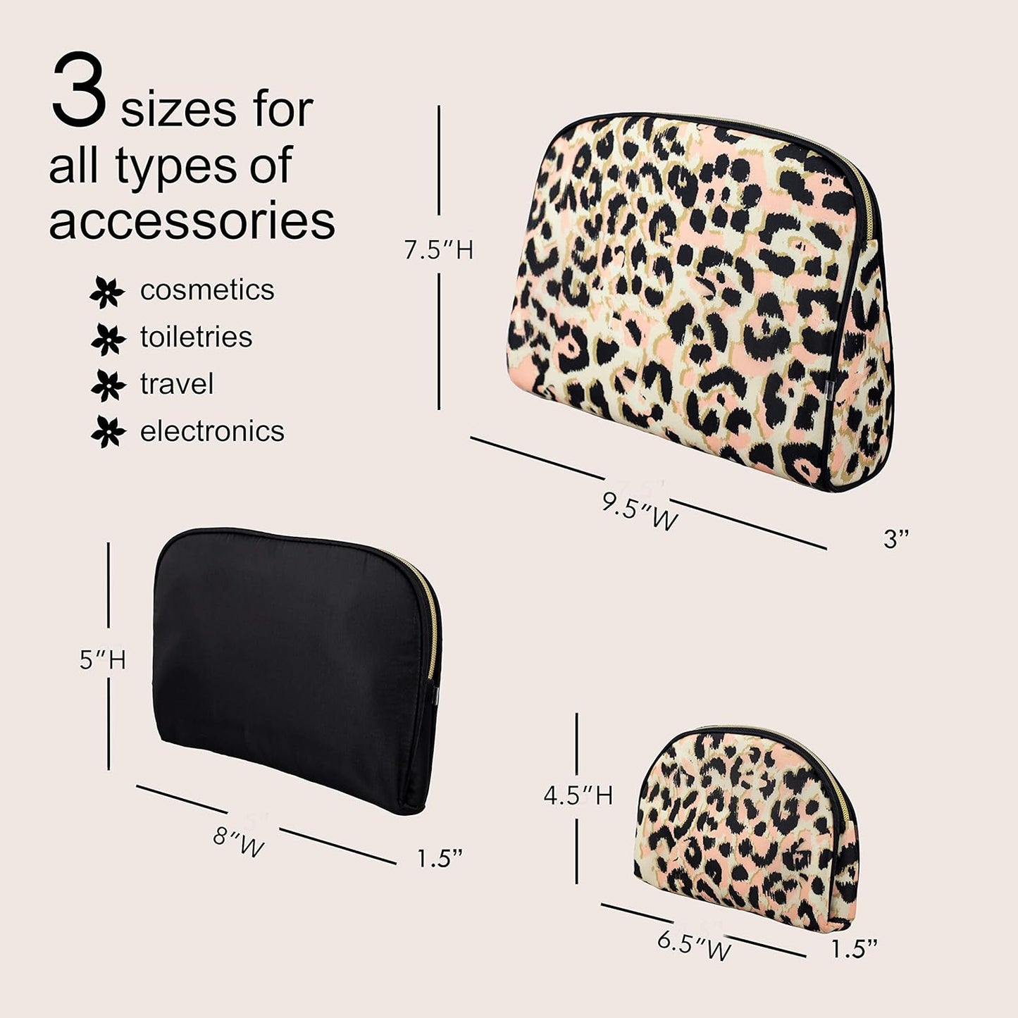 3 Pc Cosmetic Bag Set, Purse Size Makeup Bag for Women, Toiletry Travel Bag, Makeup Organizer, Cosmetic Bag for Girls Zippered Pouch Set, Large, Medium, Small (Black & Leopard)