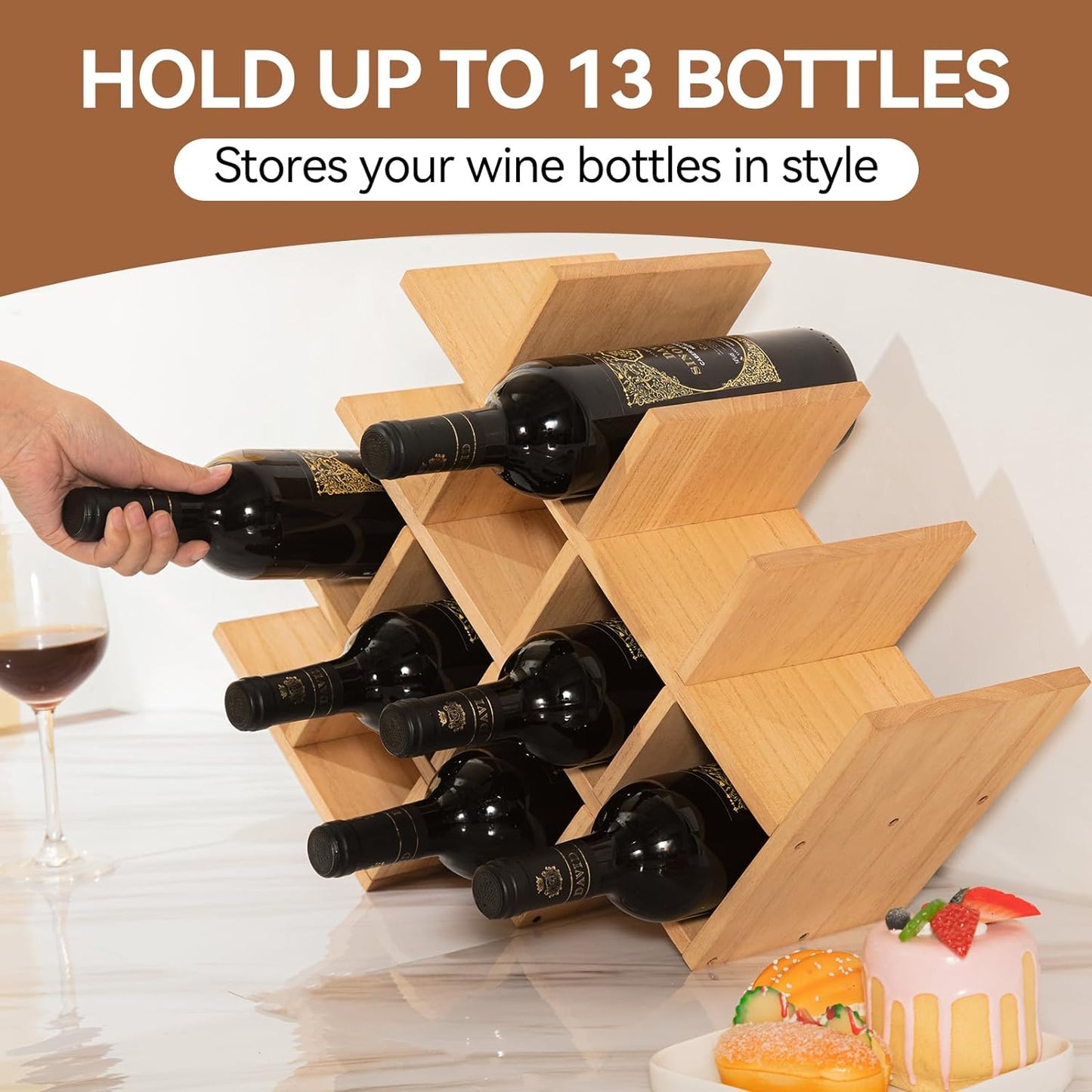 8-Bottle Countertop Wine Rack - Wine Bottle Holder for Bar Table/Wine Cabinet Free Standing - Wood 3-Tier Wine Display and Storage Shelves Dark Brown XHJJ3-DBR