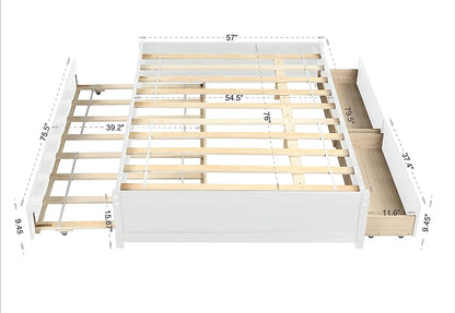 Full Bed Frames, Full Bed with Trundle, Platform Bed with Drawers, Wood Full Bed Frame with Slats Support (White, Full Bed with Trundle+Drawers)