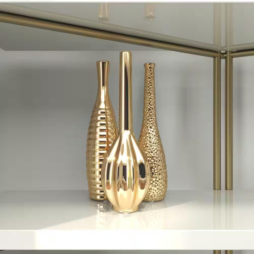 Gold Slim Textured Bottleneck Ceramic Decorative Vase with Varying Patterns (Set of 3)