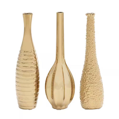 Gold Slim Textured Bottleneck Ceramic Decorative Vase with Varying Patterns (Set of 3)