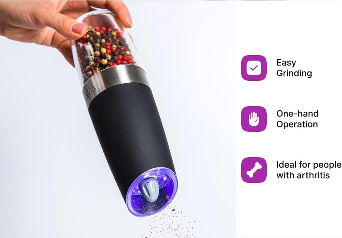 KSL Gravity Electric Salt and Pepper Grinder Set - Battery Operated Mill, Automatic Shaker W/ Light