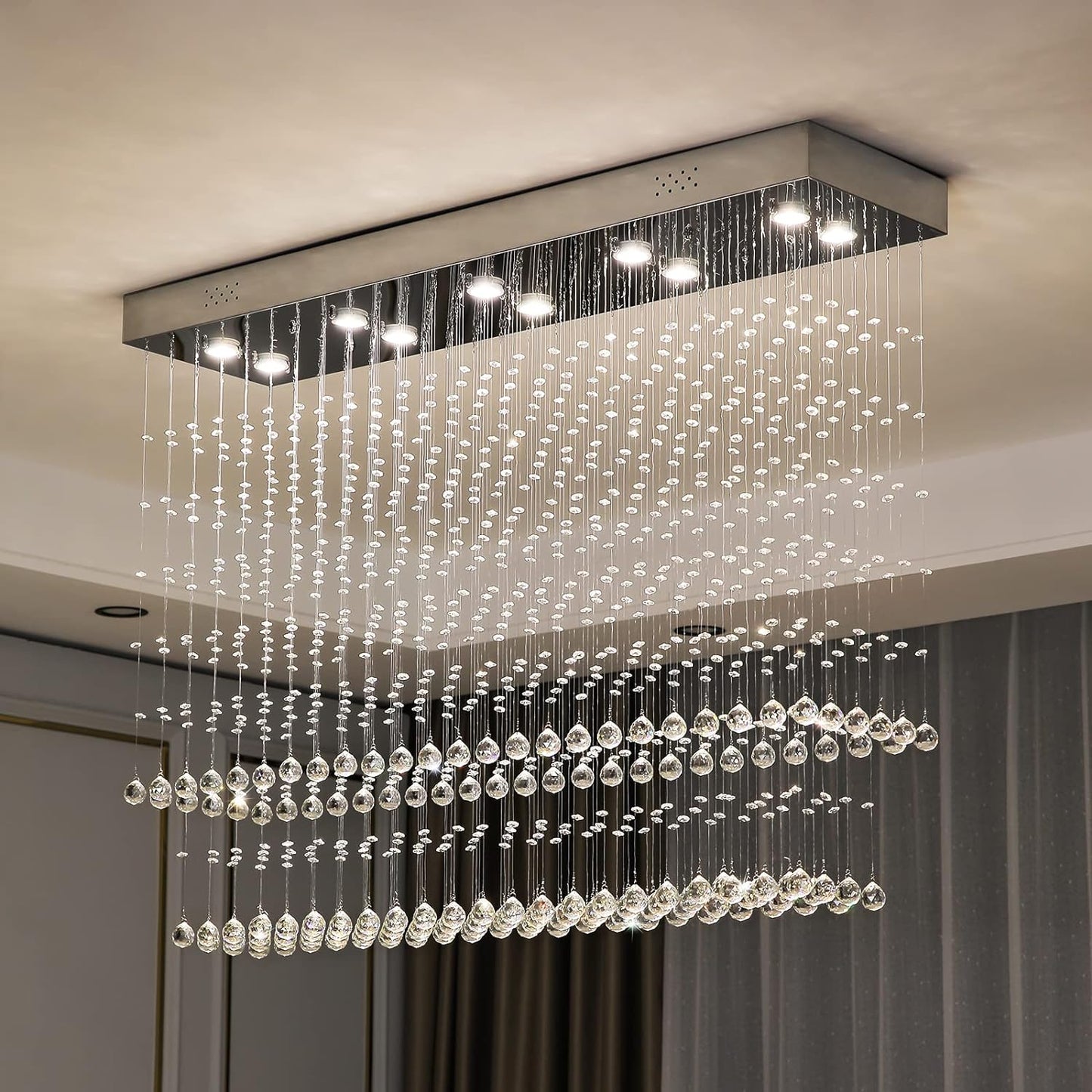 Modern Rectangular Crystal Chandelier Ceiling Lighting Fixture Raindrop Pendant Flush Mount Light Rectangle Chandeliers for Dining Rooms Kitchen L 47" X W 12" X H 31.5"