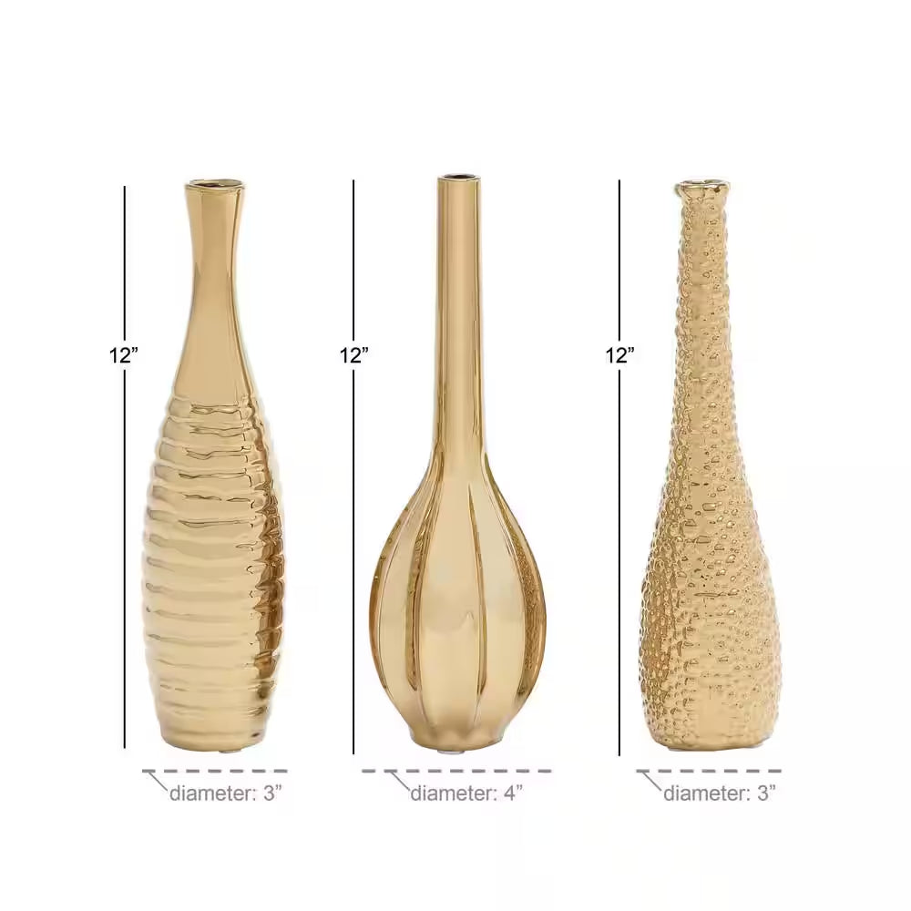 Gold Slim Textured Bottleneck Ceramic Decorative Vase with Varying Patterns (Set of 3)