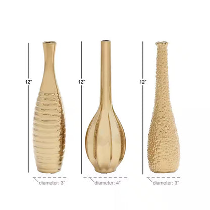 Gold Slim Textured Bottleneck Ceramic Decorative Vase with Varying Patterns (Set of 3)