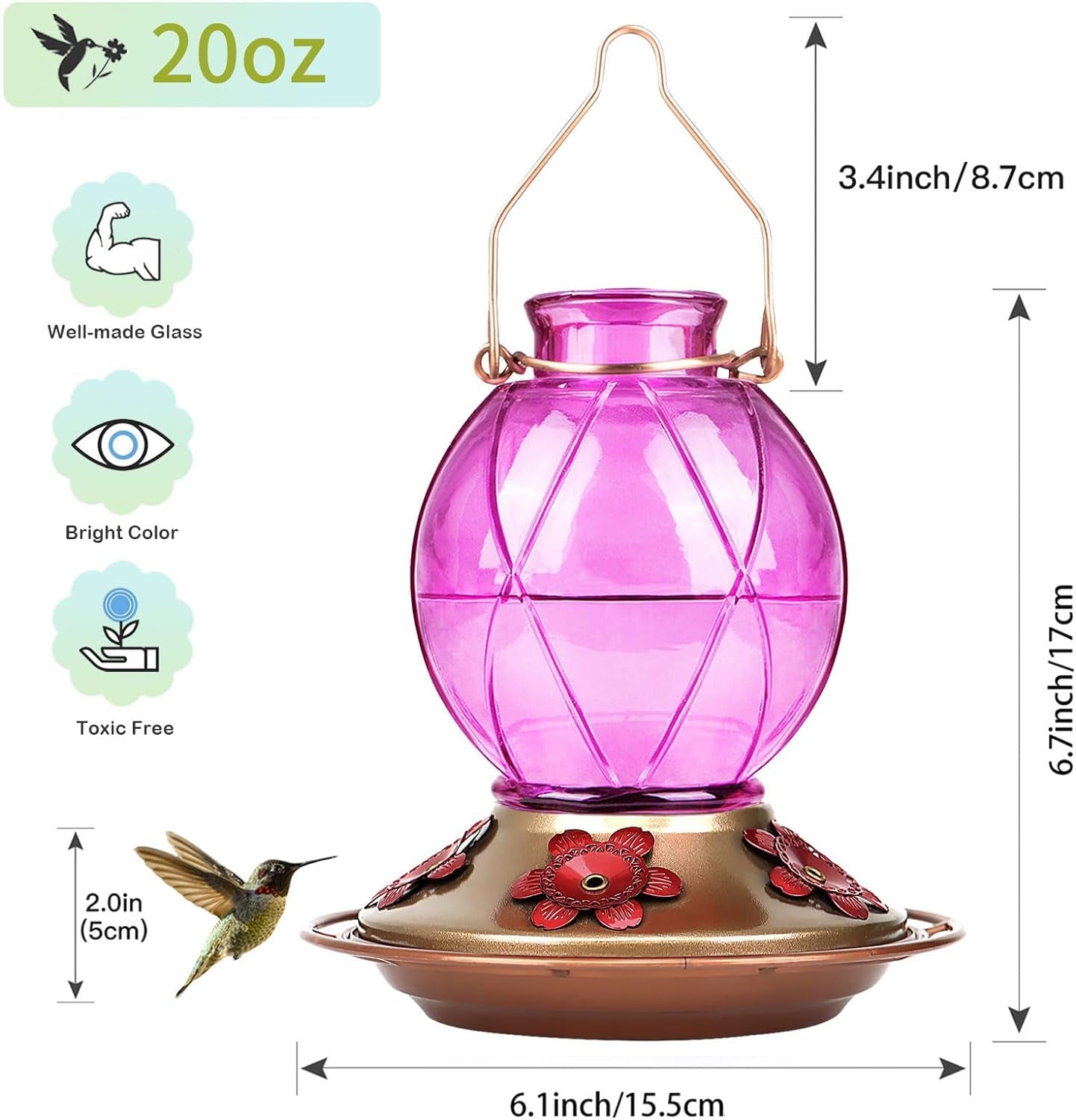 Hummingbird Feeder, 18016P Glass Hummingbird Feeder for Outdoors, Netted Texture Ball Shape Bottle, 18 Ounces, Lavender