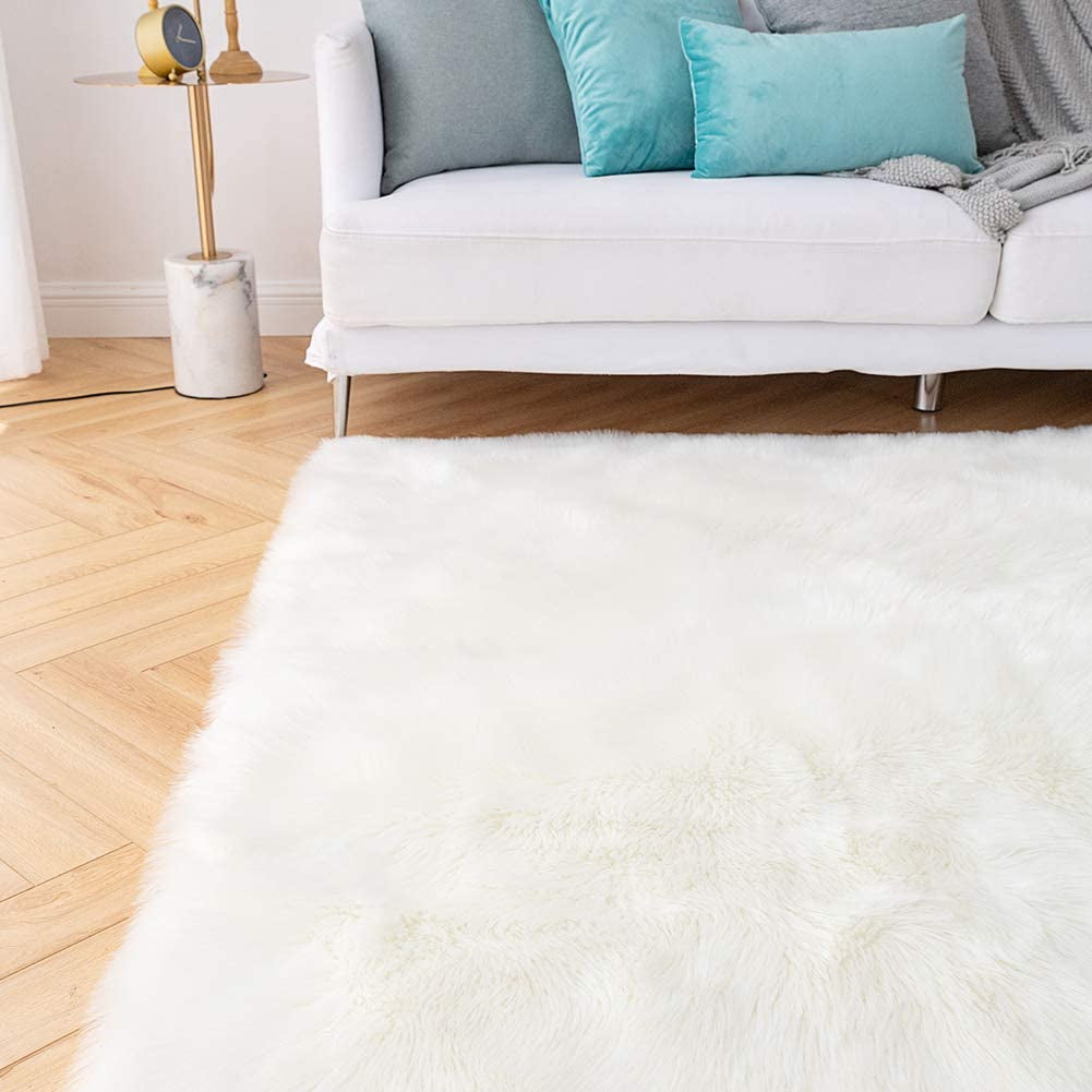 Shaggy Soft Faux Sheepskin Fur Area Rugs Floor Mat Luxury beside Carpet for Bedroom Living Room 6Ft X 9Ft, Black