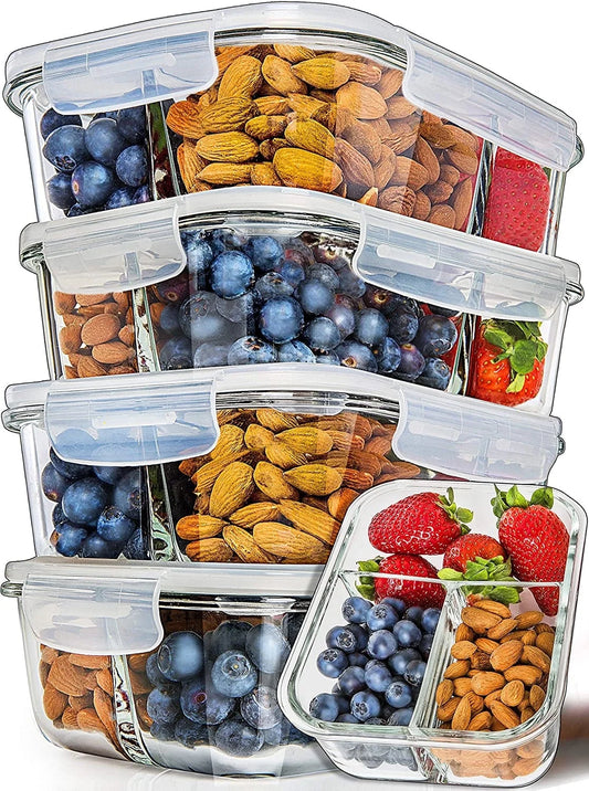 - Glass Food Storage Containers - Meal Prep Container - 5 Packs, 3 Compartments, 34 Oz