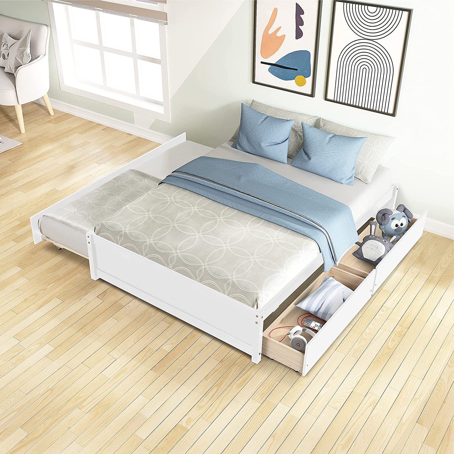 Full Bed Frames, Full Bed with Trundle, Platform Bed with Drawers, Wood Full Bed Frame with Slats Support (White, Full Bed with Trundle+Drawers)