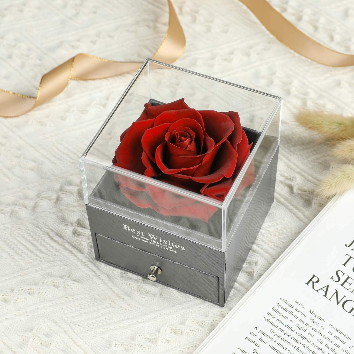 Preserved Real Rose Drawer with Heart Necklace I Love You in 100 Languages Gift Set, Handmade Enchanted Real Rose Flower for Valentines Day Anniversary Birthday Romantic Gifts for Her (Wine)