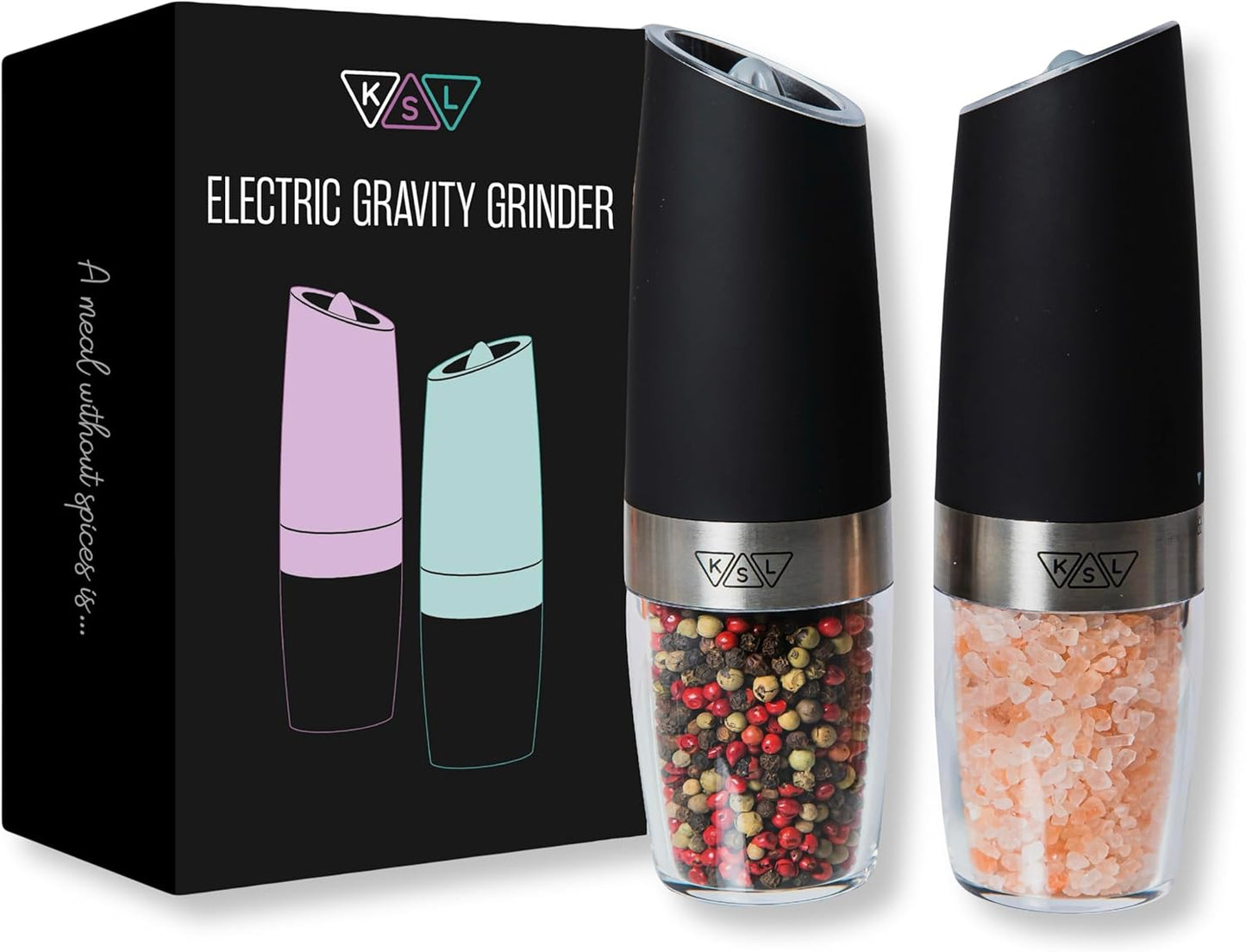 KSL Gravity Electric Salt and Pepper Grinder Set - Battery Operated Mill, Automatic Shaker W/ Light