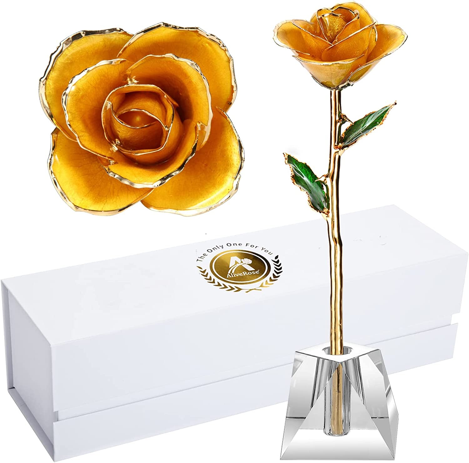 Gold Dipped Rose,24K Gold Real Rose Gift for Her and Great Valentines Gift for Her Rose(Pearl Yellow with Crystal Vase)