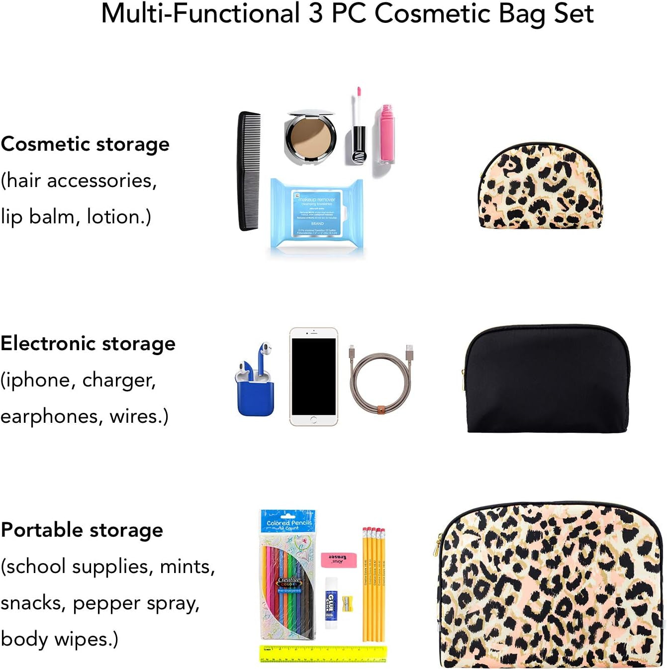 3 Pc Cosmetic Bag Set, Purse Size Makeup Bag for Women, Toiletry Travel Bag, Makeup Organizer, Cosmetic Bag for Girls Zippered Pouch Set, Large, Medium, Small (Black & Leopard)