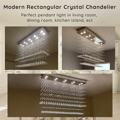 Modern Rectangular Crystal Chandelier Ceiling Lighting Fixture Raindrop Pendant Flush Mount Light Rectangle Chandeliers for Dining Rooms Kitchen L 47" X W 12" X H 31.5"