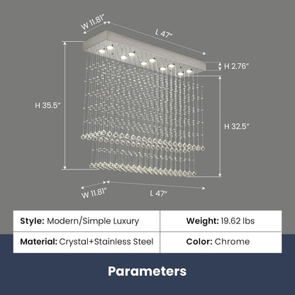 Modern Rectangular Crystal Chandelier Ceiling Lighting Fixture Raindrop Pendant Flush Mount Light Rectangle Chandeliers for Dining Rooms Kitchen L 47" X W 12" X H 31.5"